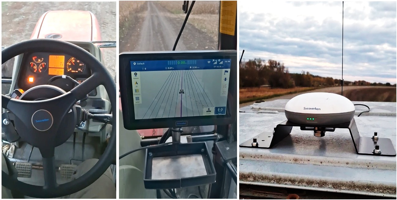 Sveaverken precíziós gazdálkodási technológia – kormánykerék, GPS kijelző és tetőre szerelt vevő